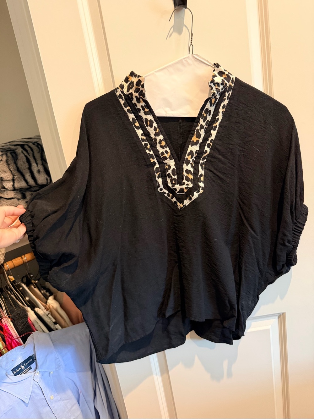 Black V-Neck Tunic with Leopard Trim